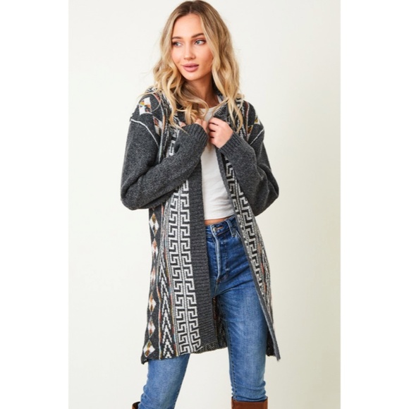 SOLD OUT Gray Native Cowichan Aztec Hooded Cardigan Sweater - Picture 5 of 9